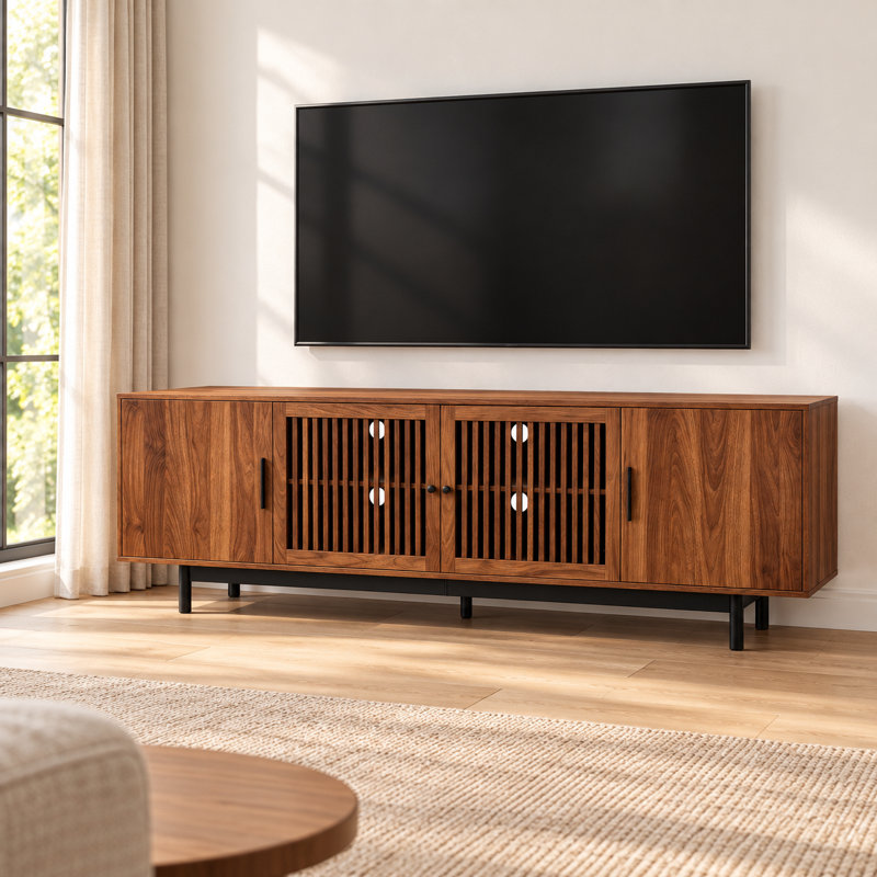 Meuble télé pour téléviseurs jusqu'à 85 pouces, console multimédia robuste avec portes à lattes, charnières à fermeture douce, tablettes intérieures réglables, gestion des câbles intégrée et poignées en métal.