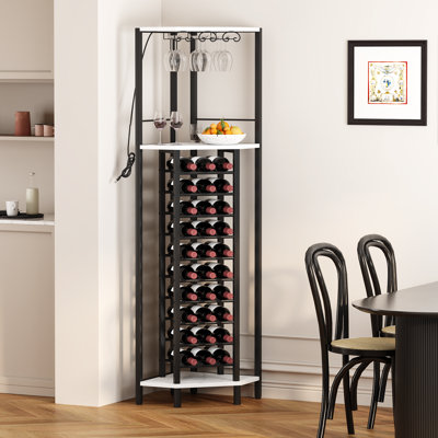 Corner Wine Rack with Glass Holder and Led Strip Light, Corner Bar Wine Racks Freestanding Floor, Industrial Corner Bar Cabinet for Kitchen, Dining Ro