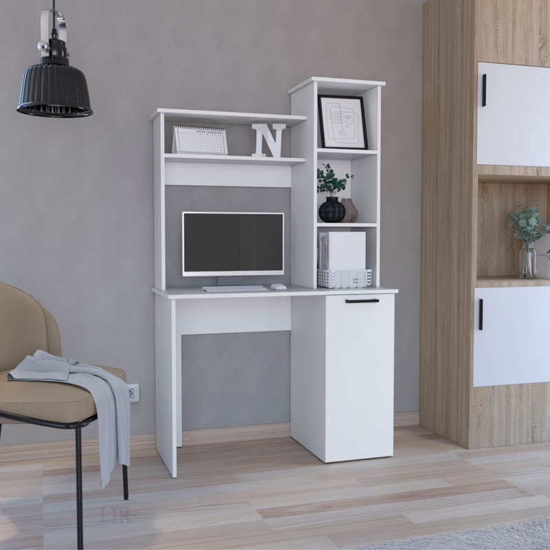 Bureau d'ordinateur Carson avec huche, armoire à une porte, grande surface de travail et tablettes de rangement à 3 niveaux