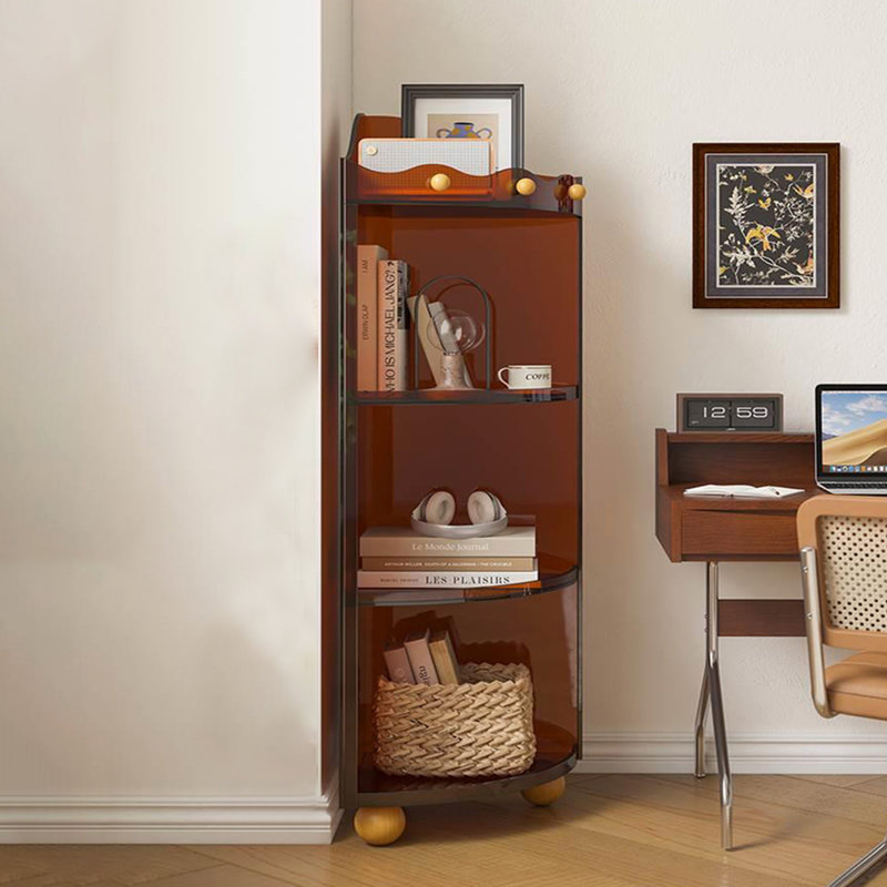 Armoire de coin élégante à demi-arc avec tablettes ouvertes, Brun ambré