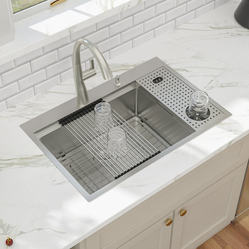 Évier de cuisine à montage sur plan en acier inoxydable de calibre 16 avec tasses Wahser et accessoires encastrable 33 po x 22 po