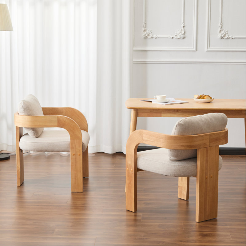 Ensemble de 2 chaises de salle à manger avec dossier coussiné, tissu beige, structure en bois massif, Naturel