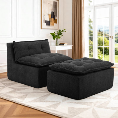 Single Sofa, Armless Floor Sofa with Ottoman, Foam Sofa With Pillows For Living Room and Bed Room, No Assembly Required