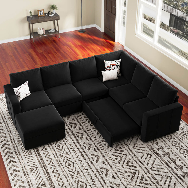 Seybert U Shaped Sofa Set Large Pullout Sofa Bed Modular Sectional Couch With Storage Ottoman, Black Velvet