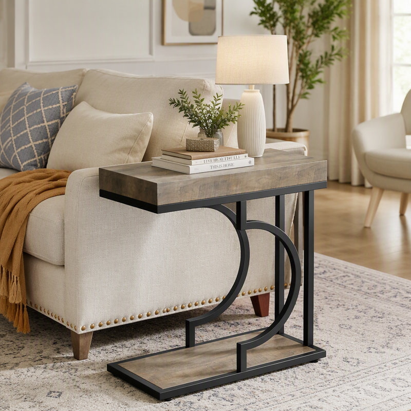 C Table, table de chevet moderne avec structure en métal, Gris