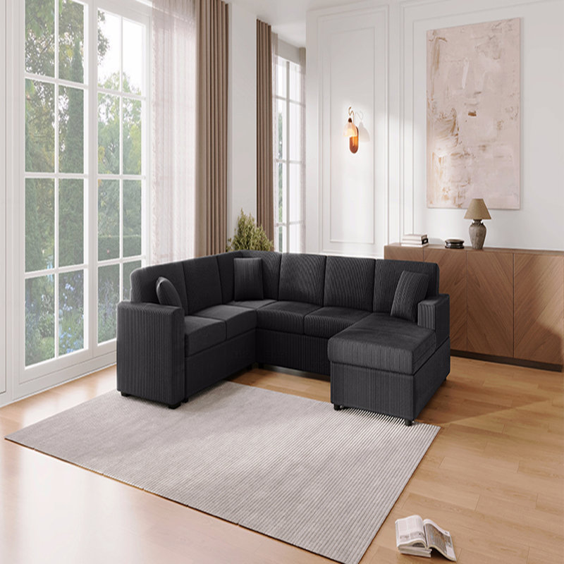 Canapé modulaire Basic, canapé surdimensionné de 115,3 po avec méridienne et trois coussins décoratifs, Velours côtelé noir