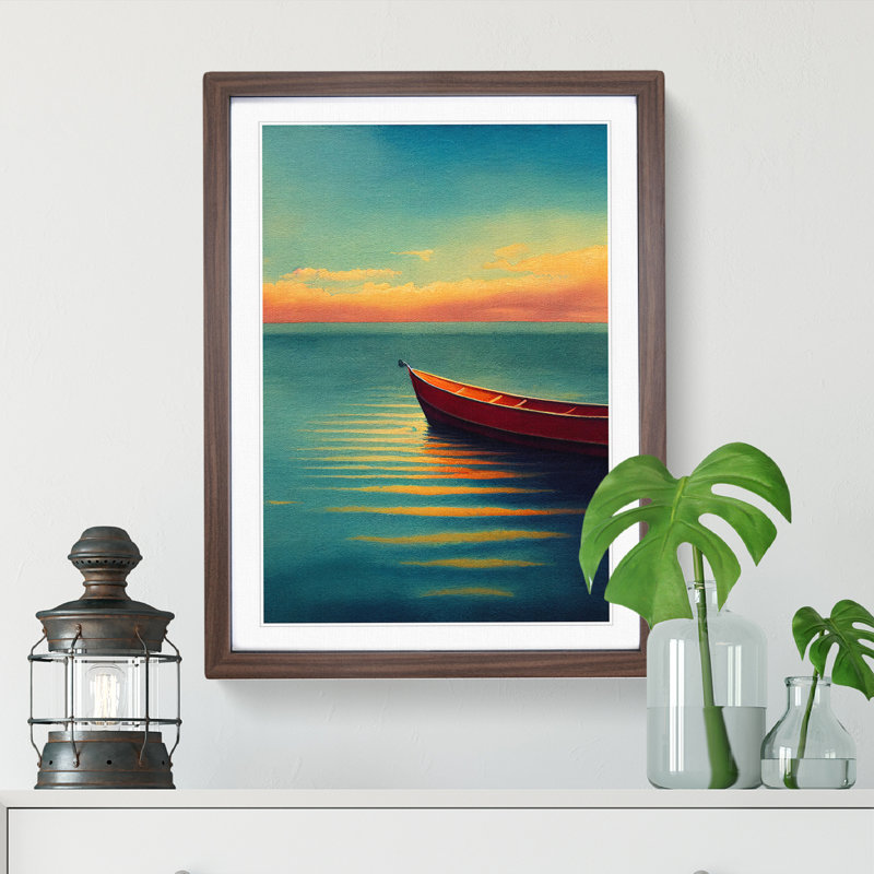 Boat by the Sunrise - Wall Art, 48cm H x 36cm W, Walnut Framed, White