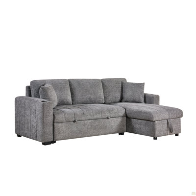 Noemi II 96" Gray Boucle Fabric Reversible Sleeper Sectional Sofa with Storage Chaise, Cupholders, USB Charging Port, and Throw Pillows