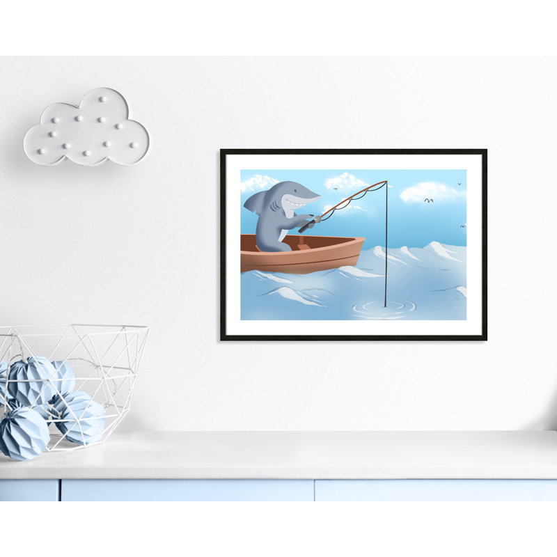 Impression sur papier «Gone Fishing», H 24,5 po x l 34,5 po x P 1,18 po, Encadré de boîte à grain de bois noir