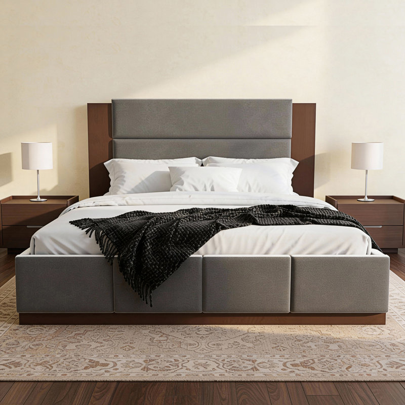 Structure de lit tapissier très grand avec tête de lit allongée, Gris