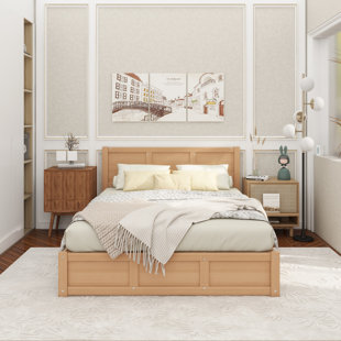 Lit plateforme double en bois avec rangement inférieur et 2 tiroirs, couleur bois