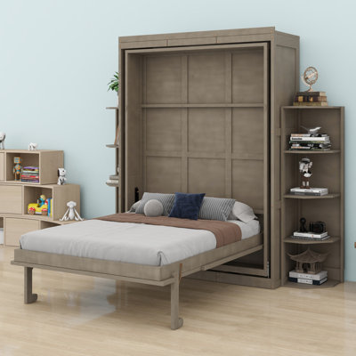 Lit escamotable rotatif avec armoire murale cachée, deux tablettes latérales à 3 niveaux, bureau convertible, supports de rangement supplémentaires, lit mural multifonctionnel peu encombrant pour le bureau à domicile et les petites pièces