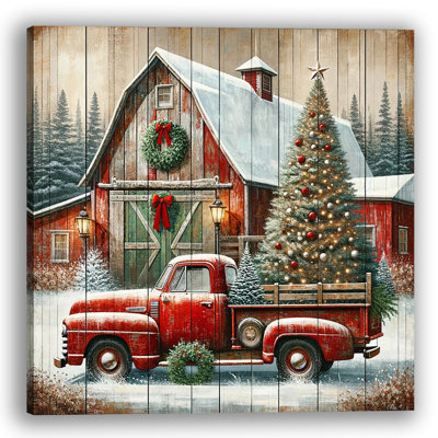 Country Christmas Charm with Vintage Red Truck - Wrapped Canvas Print