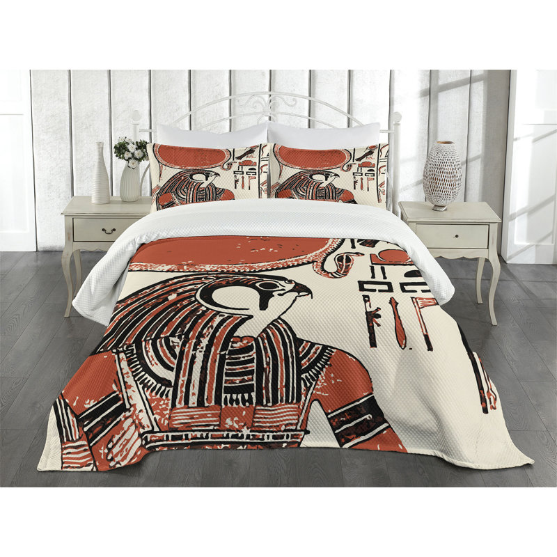 Ambesonne Egyptian Bedspread Set Old Language Red Cream, King Coverlet / Bedspread + 2 Standard Shams