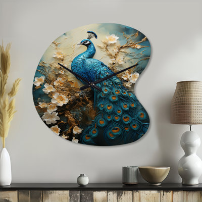 «Peacock Encaustic Portrait II - Peacock», horloge asymétrique en métal, horloge murale moderne de forme irrégulière