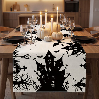 Halloween Table Runner Ghost Pumpkin  House Printed Linen Table Runner Spooky Holiday Table Decor For Dining Table Party Kitchen Home Decor