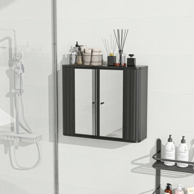 Wall-Mounted Bathroom Cabinet with Mirror, 2 Mirrored Doors & Open Shelf, Farmhouse Metal Frame Storage Cabinet