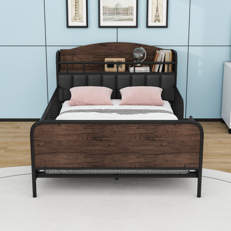 Lit plateforme en métal pour enfants avec tête de lit à DEL et rangement, Noir, Full