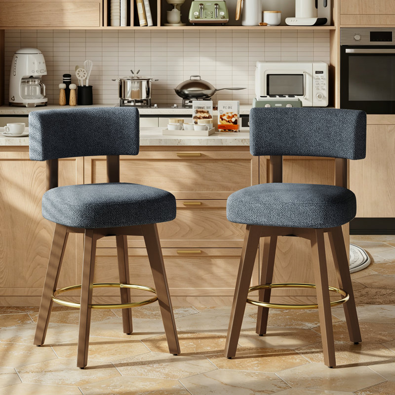 Tabouret de bar pivotant rembourré avec structure en bois massif et repose-pieds plaqué or, Bleu