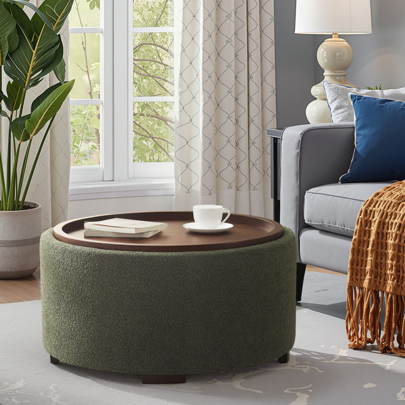 Caysey 30.1" W Upholstered Round Storage Ottoman with Wooden Tray, Dark Green