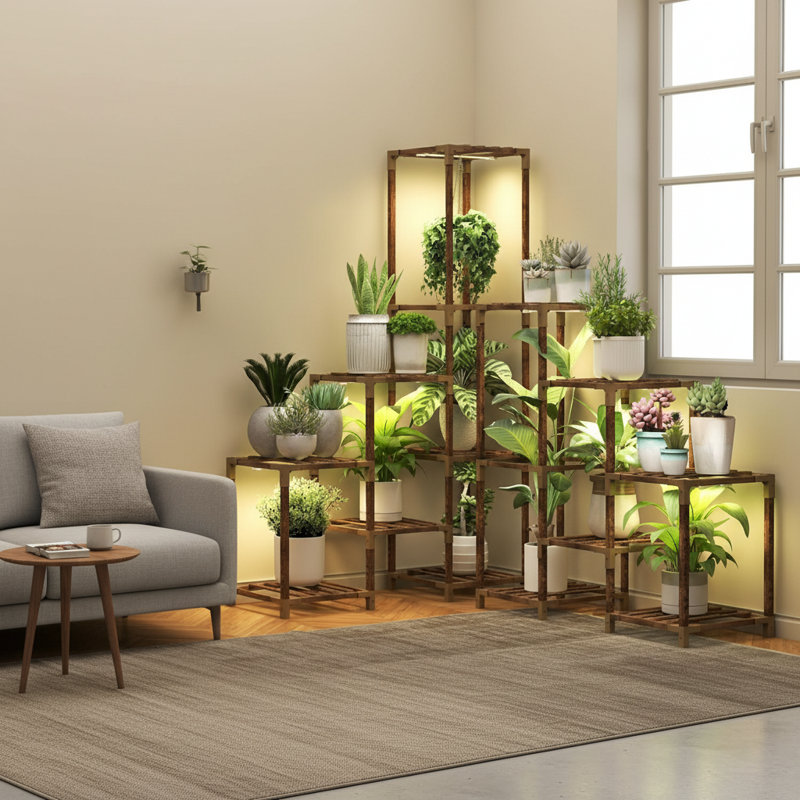 Grand support à plante de coin avec lumière de croissance - étagère à fleurs d'intérieur