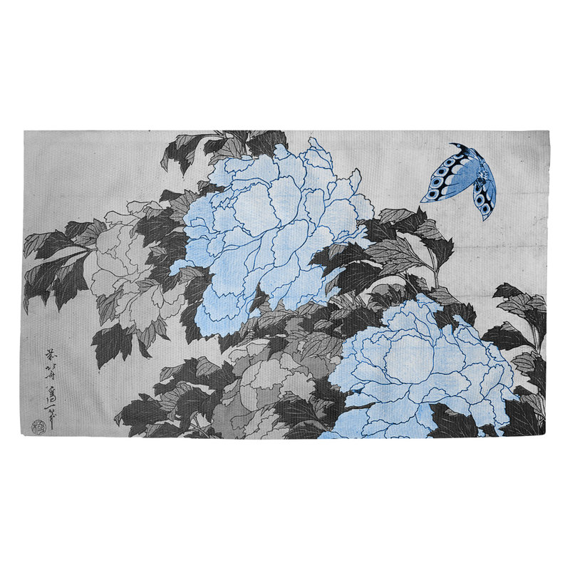 Paillasson d’intérieur avec chevilles pivoines et papillons, Rectangulaire 2 pi 1,5 po x 3 pi 4 po, Blanc cassé