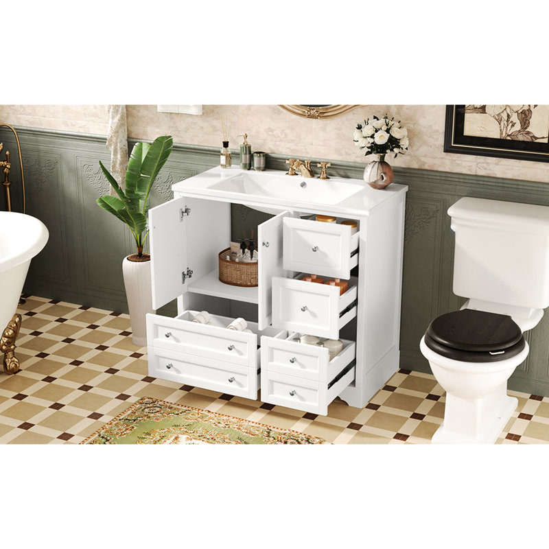 Meuble-lavabo de 36 po avec cadre en bois massif, 4 tiroirs à pleine extension, armoire et portes à fermeture douce, poignées en métal exquises, évier en résine autoportant en bois, tablette, pratique et lisse