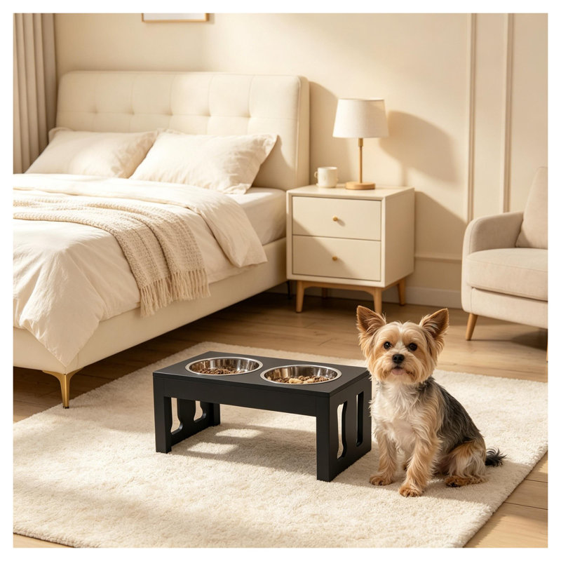 Mangeoire pour chien surélevée avec bols doubles, support pour animaux surélevé pour chiens de taille moyenne, panneau de fibres à densité moyenne noir et structure en acier