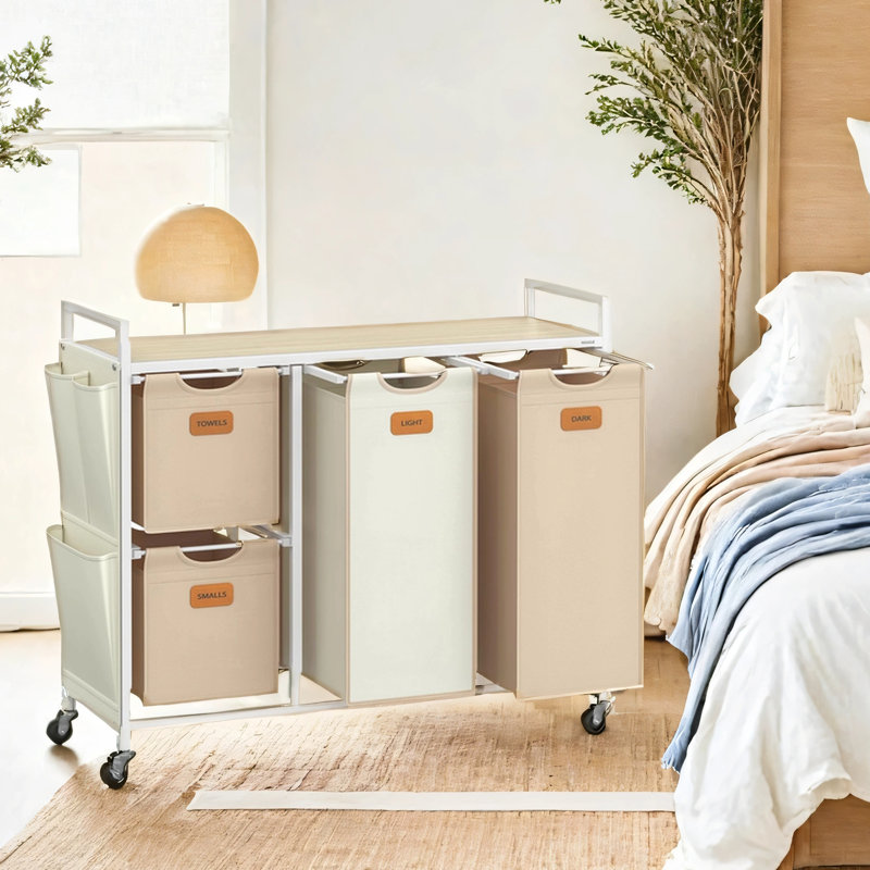 Metal Rolling Laundry Basket with Handles, Natural Beige/Camel Brown/Cream White