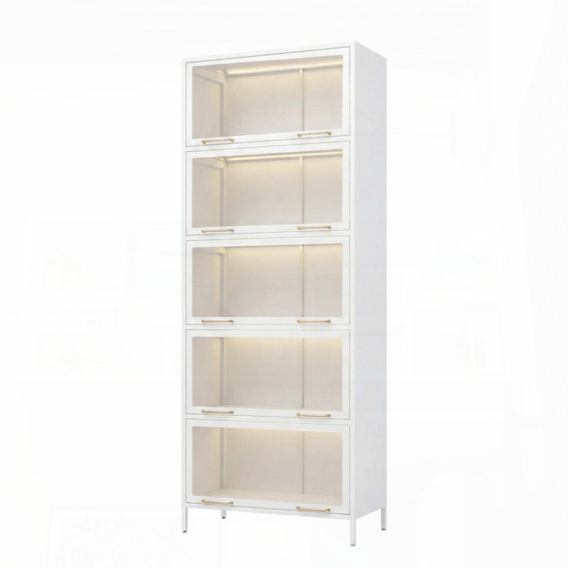 76.75" Tall Iron Display Cabinet with Glass Doors, 5-Tier LED (White)