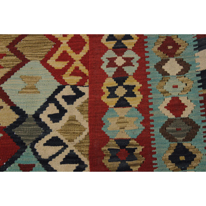 Tapis géométrique rouge / vert / beige en laine fabriqué à la main 5 pi 2 po x 6 pi 8 po Madee