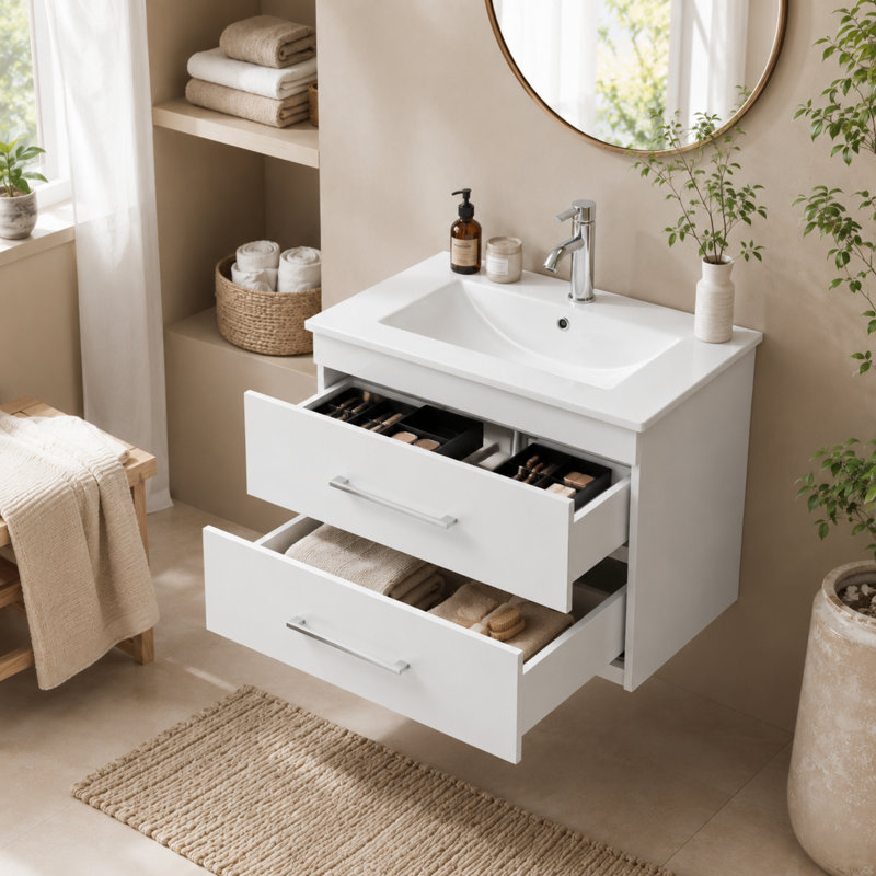 Ensemble de meuble-lavabo mural 24 po avec lavabo intégré en céramique, blanc