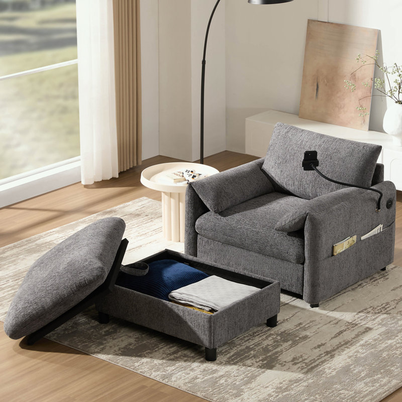 Canapé simple avec repose-pieds de rangement, support de téléphone réglable et chargeur USB, Gris