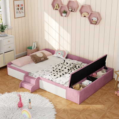 Queen Size Velvet Upholstered Daybed with Stairs and Gas Lift Storage Ottoman