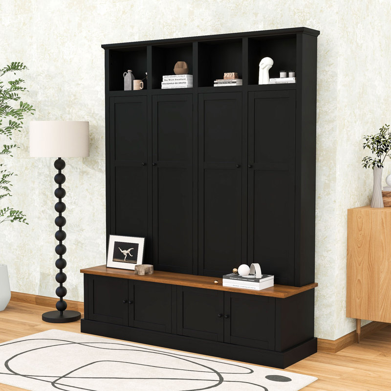 Elegant Hall Tree with Bench, Hooks and Storage Cabinet, Black