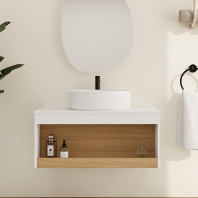 30" Modern Wall-Mounted Bathroom Vanity With Ceramic Sink, Open Shelf Storage