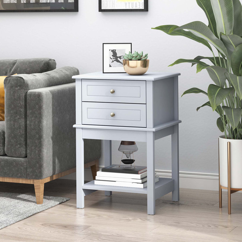 Light Gray MDF Side Table with 2 Storage Drawers and Shelf
