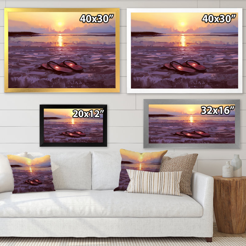 «Flip Flops With Lovely Hearts On Beach At Sunset», peinture sur toile, H 24 po x l 32 po, Cadre flottant doré
