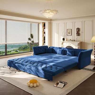 Oversize Pull-Out Sofa Bed With Handmade Fabric Flower Tufting And Multi-Functional Convertible Design For Modern Living Spaces.