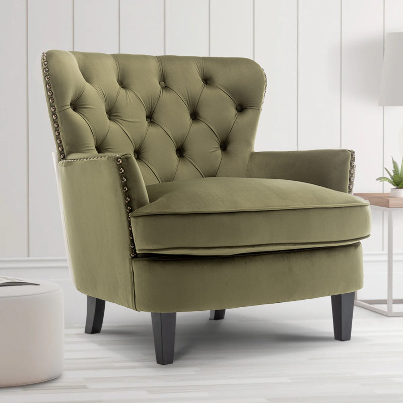 Higgenbotham Velvet Wingback Accent Chair with Button-Tufted Back and Nailhead Trim, Grey Velvet