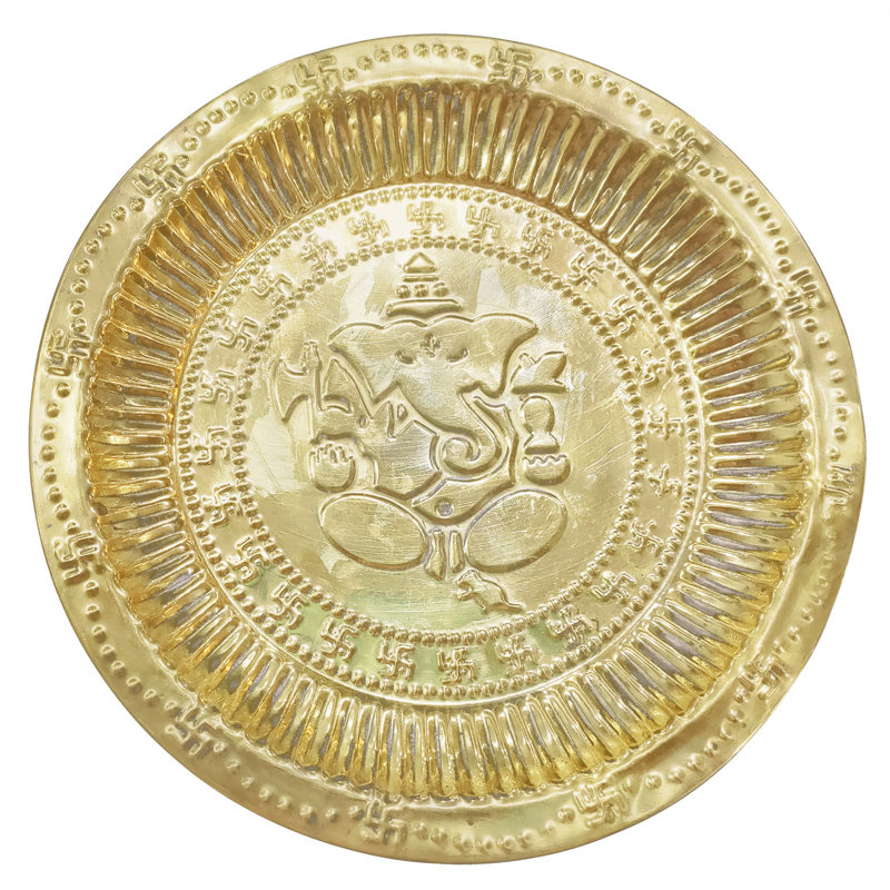 7,5 po Ganesha Puja Thali en laiton - assiette traditionnelle Aarti fabriquée à la main, symbole de bon augure, fabriqué en Inde