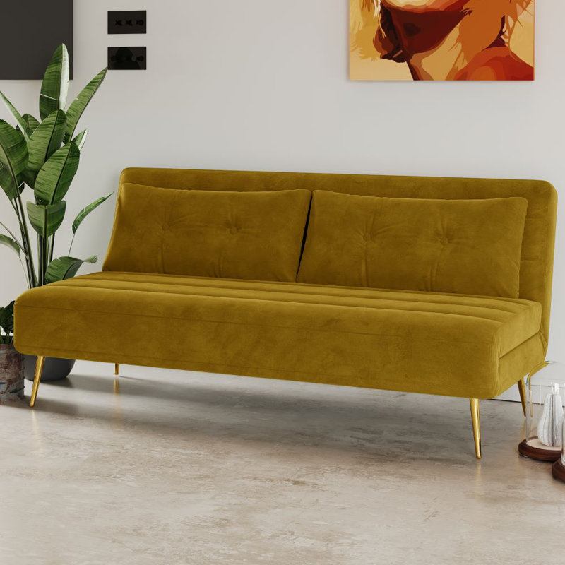 Guille 2 Seater Sofa Bed, Mustard Velvet, 79cm H x 118cm W x 81cm D