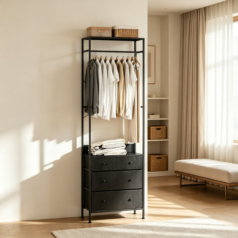 Black Freestanding Open Wardrobe Coat Stand, Heavy Duty Garment Rack with 3-Position Adjustable Hanging Rail, Storage Shelves & 3 Fabric Drawers for Entryway, Bedroom & Cloakroom