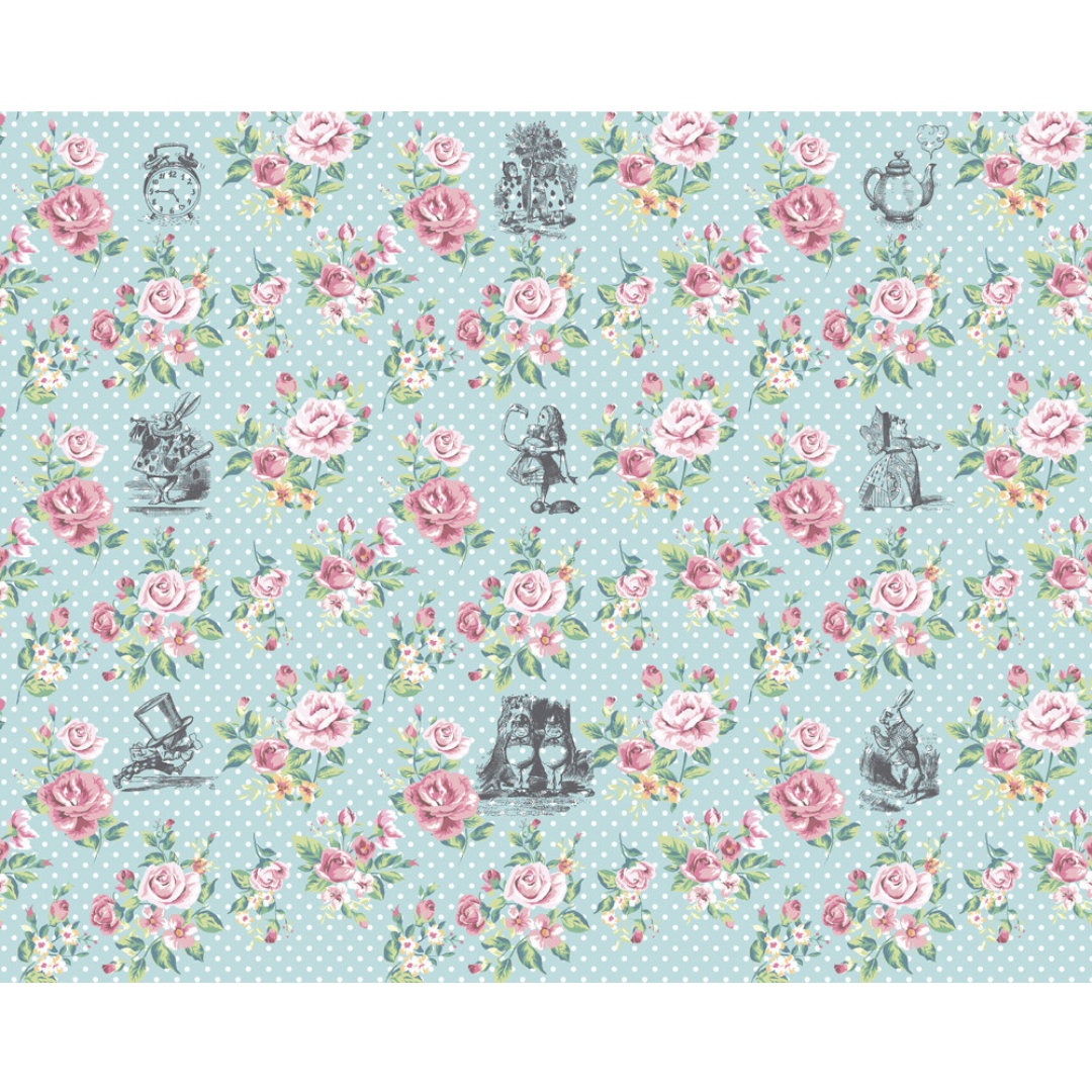 Alice In Wonderland English Rose Print - Blue Wall Mural
