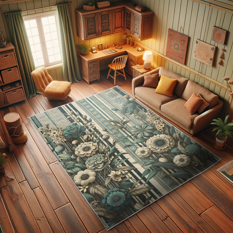Teal and Ivory Floral Boho Area Rug, 2' 5" x 5'