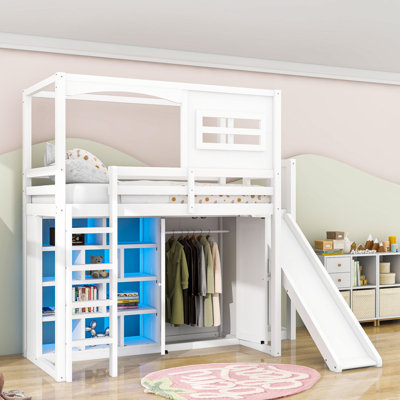 Twin Loft Bed With Wardrobe, Slide, LED Lights, And Storage Shelves