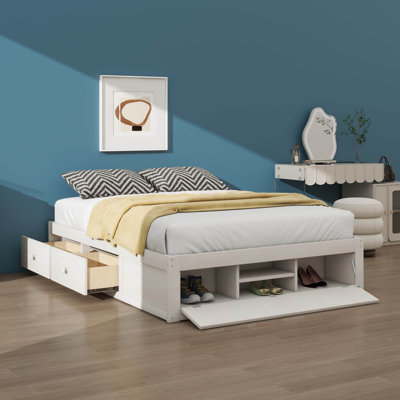 Queen Size Platform Bed Frame With Four Drawers And Hydraulic Storage