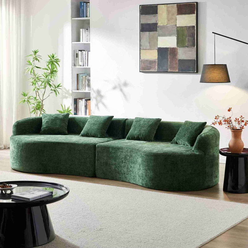 Canapé incurvé en chenille avec mousse haute densité et sans assemblage, pour des espaces de vie compacts, Vert