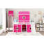 Lit mezzanine pleine grandeur rose avec glissade, tente et tour - conception de fenêtre inspirée, pin de qualité, espace de jeu supplémentaire avec pinède fermé, dessous aéré pour les marionnettes-237279080