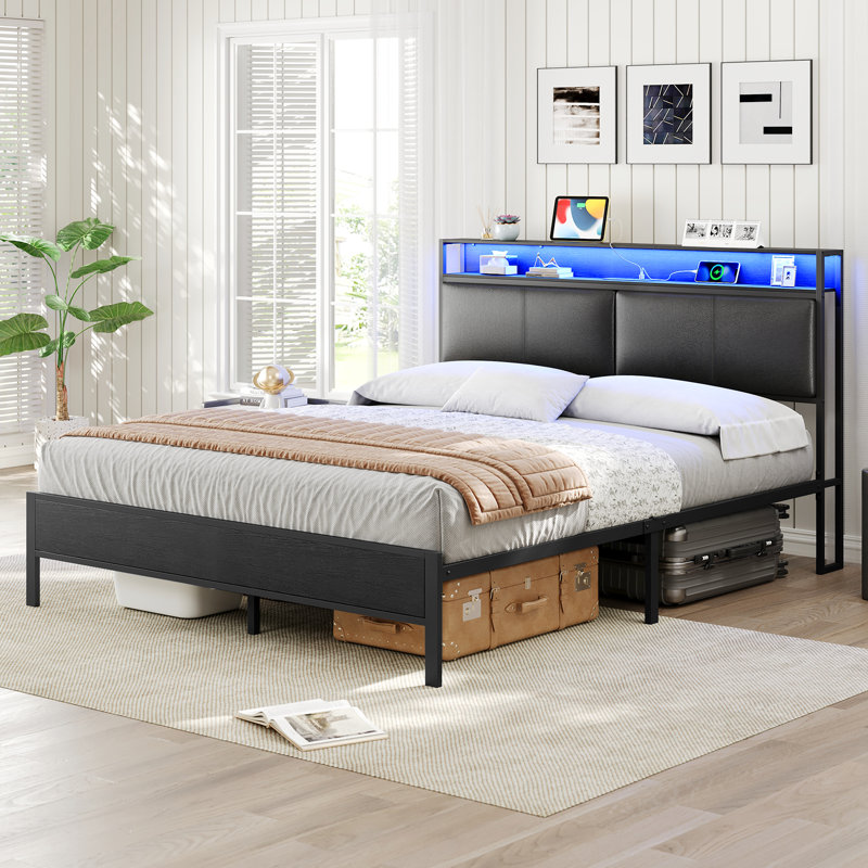Jeffory Bed with Storage Headboard and Integrated Charging Station, Full, Black